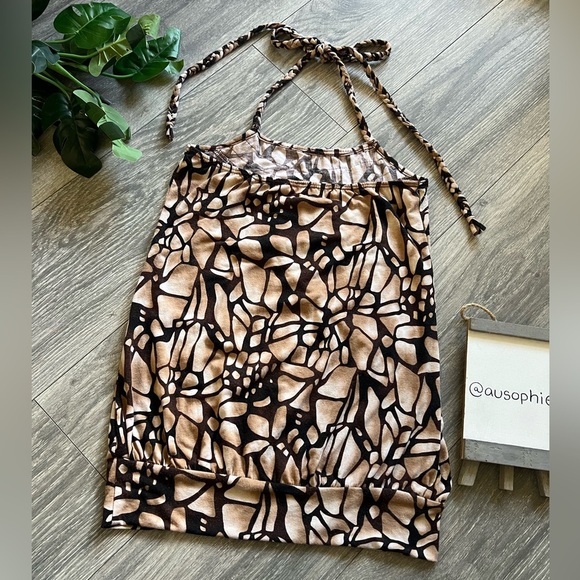 Max Rave Neutral Brown Ruffle Neck Braided Tie Bubble Halter Top. Size M - Picture 4 of 8